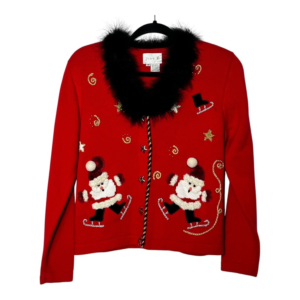Just B Womens‎ Red Ice Skating Santa Christmas Sweater Faux Fur Trim Medium